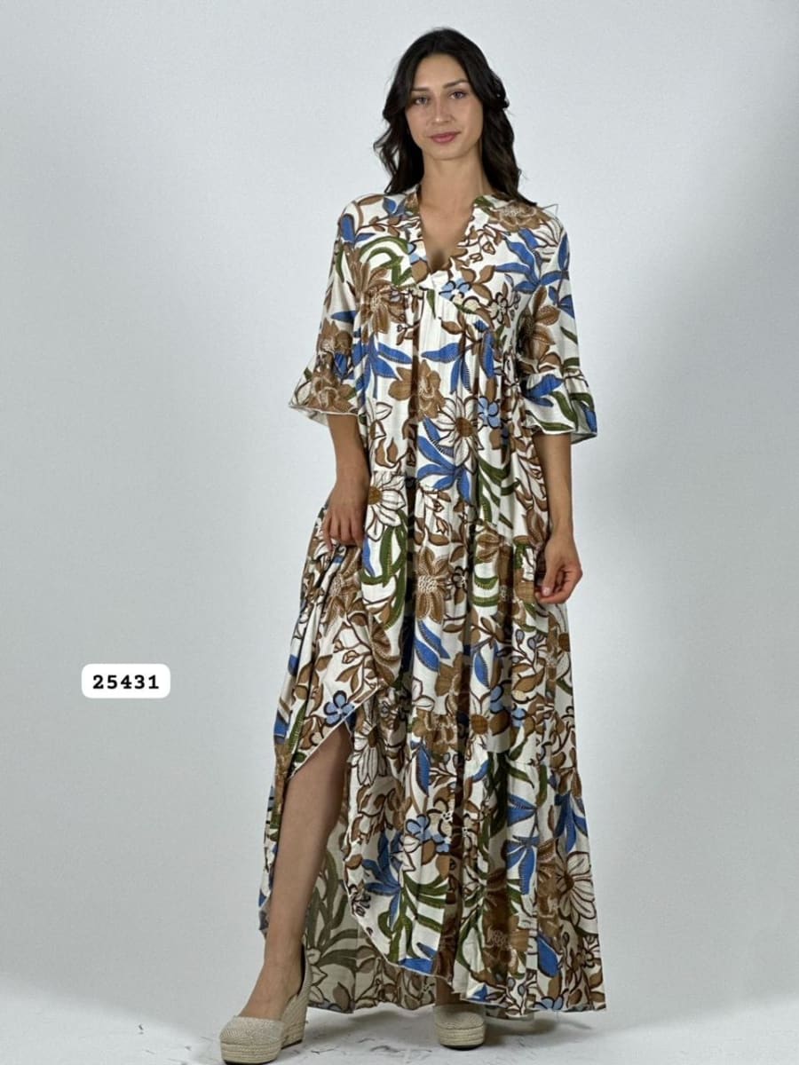 Vestido Viscosa Italiana Floreado Cuello V A2-614