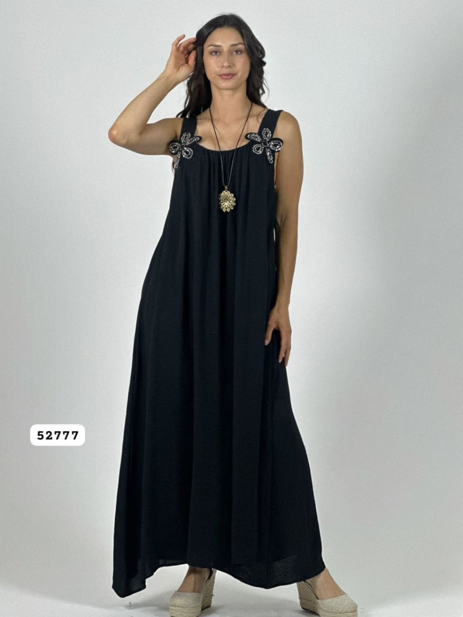 Vestido Crepe Tirantes Flores Brillantes A1-4314