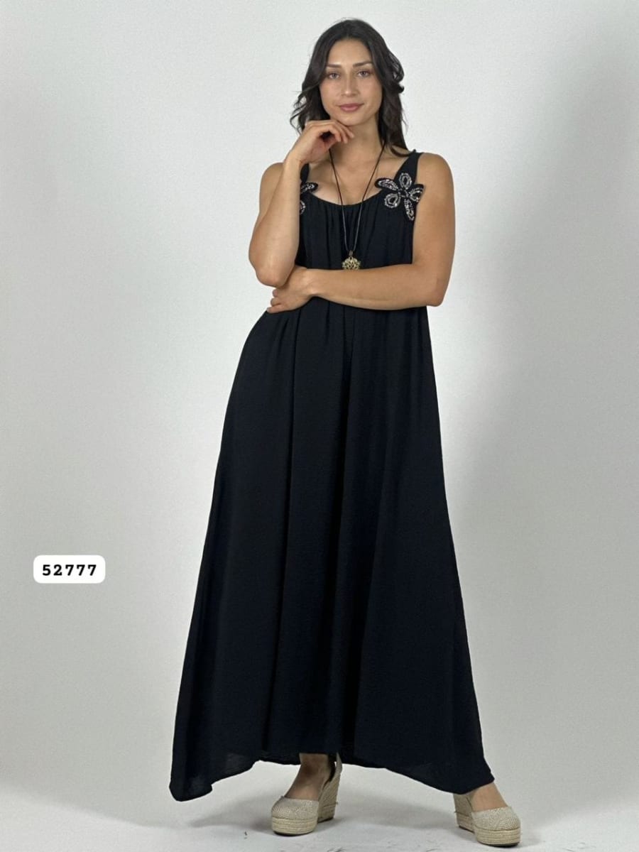 Vestido Crepe Tirantes Flores Brillantes A1-4315