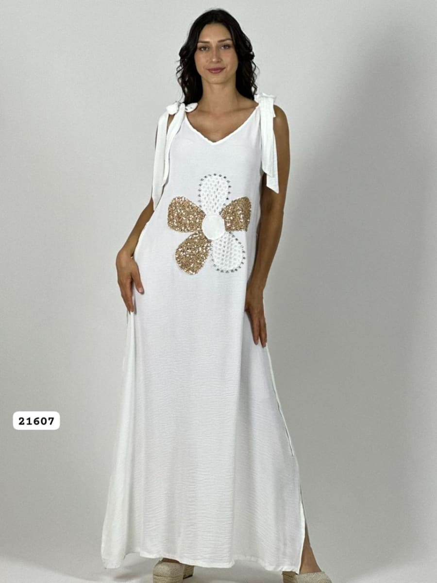 Vestido Lino Flor Tejida/Brillos Amarrada Hombros A4-907