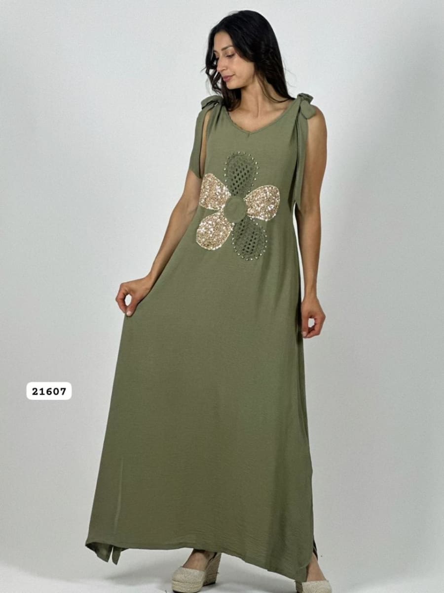 Vestido Lino Flor Tejida/Brillos Amarrada Hombros A4-902