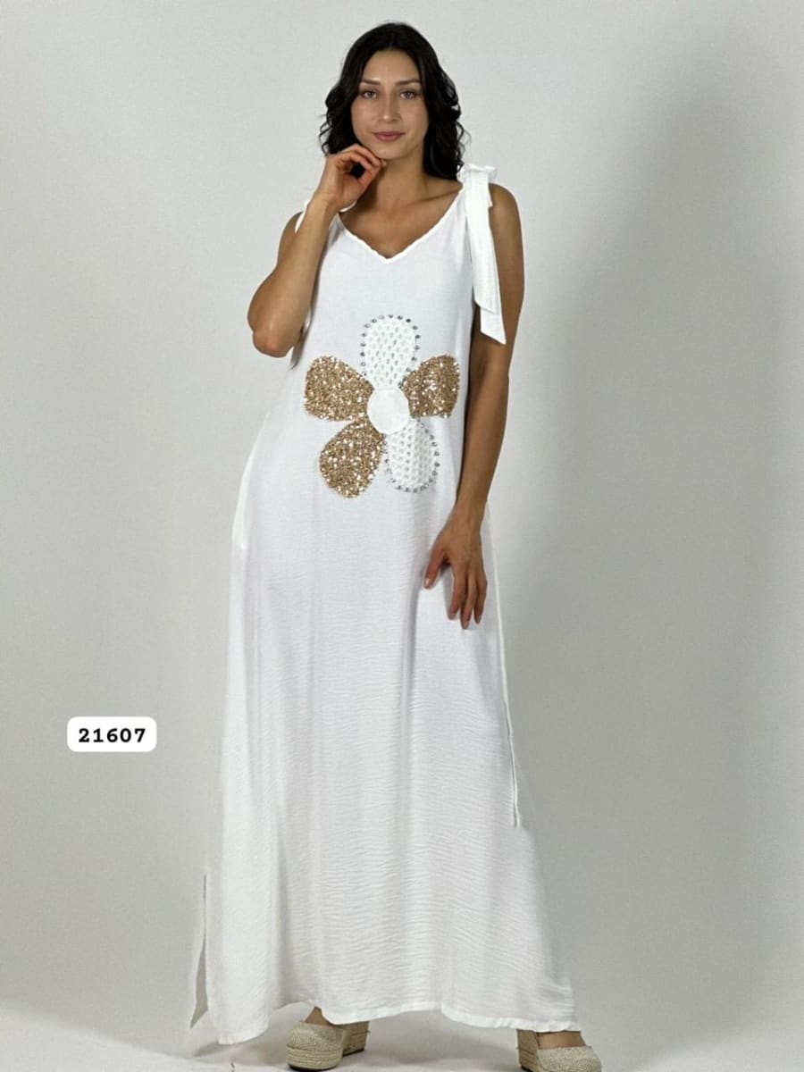 Vestido Lino Flor Tejida/Brillos Amarrada Hombros A4-908