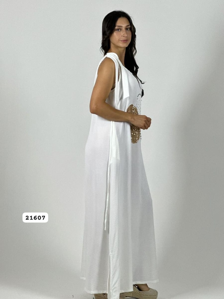 Vestido Lino Flor Tejida/Brillos Amarrada Hombros A4-909