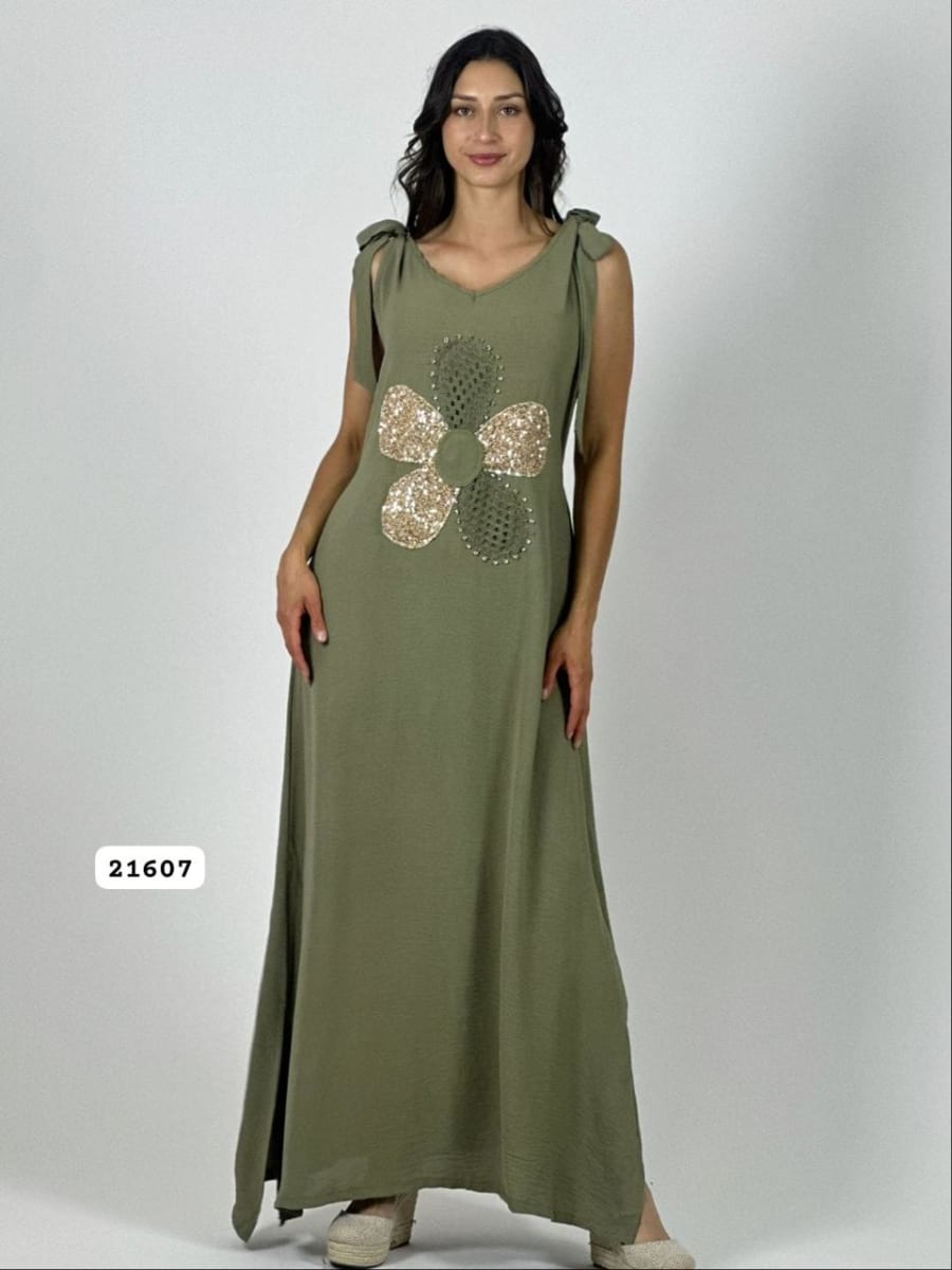 Vestido Lino Flor Tejida/Brillos Amarrada Hombros A4-901