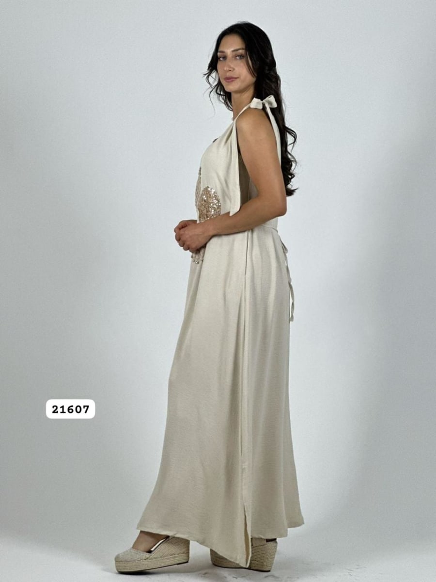 Vestido Lino Flor Tejida/Brillos Amarrada Hombros A4-9011