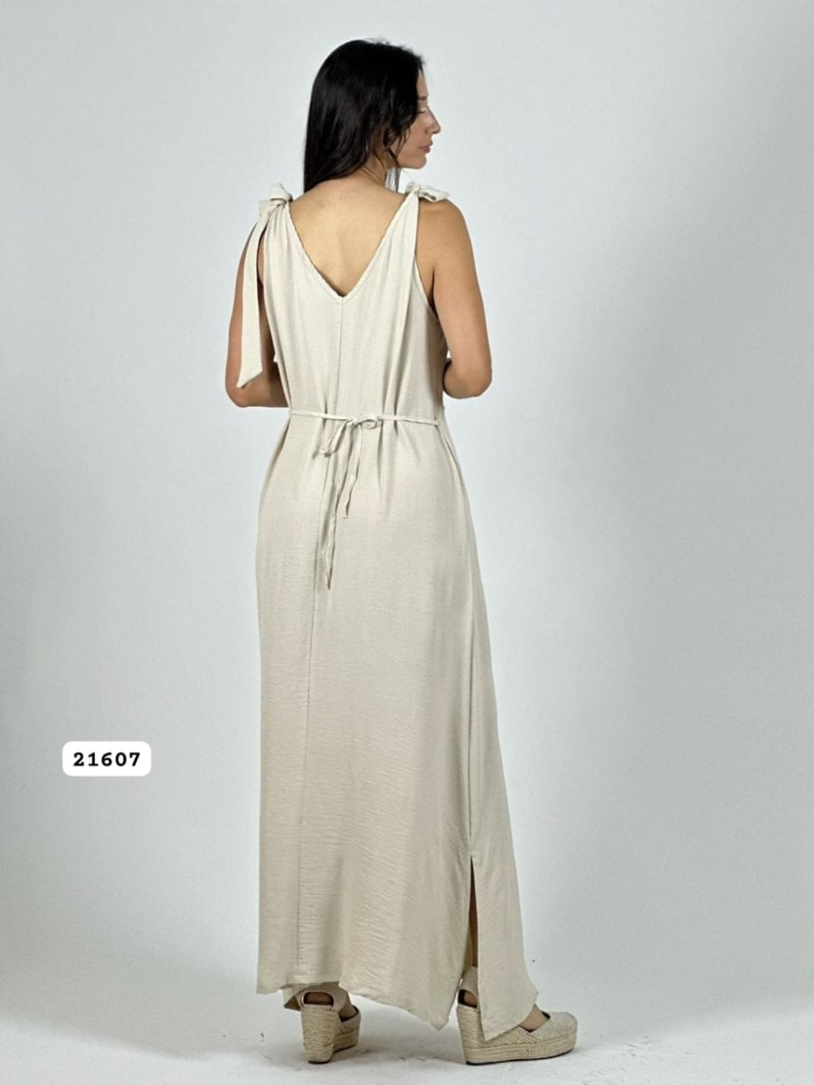 Vestido Lino Flor Tejida/Brillos Amarrada Hombros A4-9012