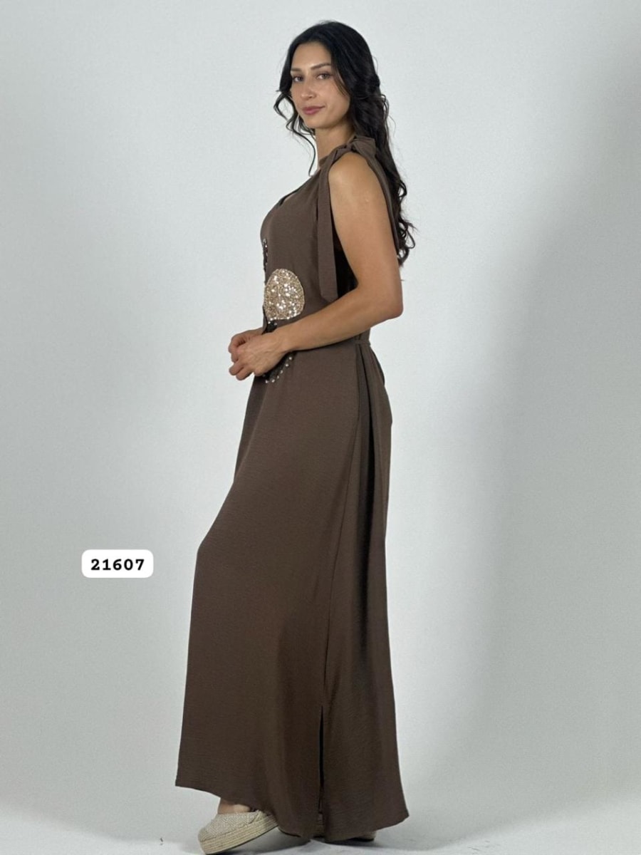 Vestido Lino Flor Tejida/Brillos Amarrada Hombros A4-906