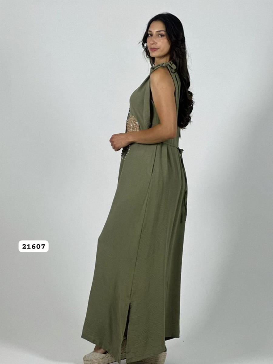 Vestido Lino Flor Tejida/Brillos Amarrada Hombros A4-903