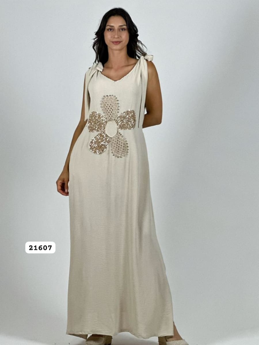 Vestido Lino Flor Tejida/Brillos Amarrada Hombros A4-9010