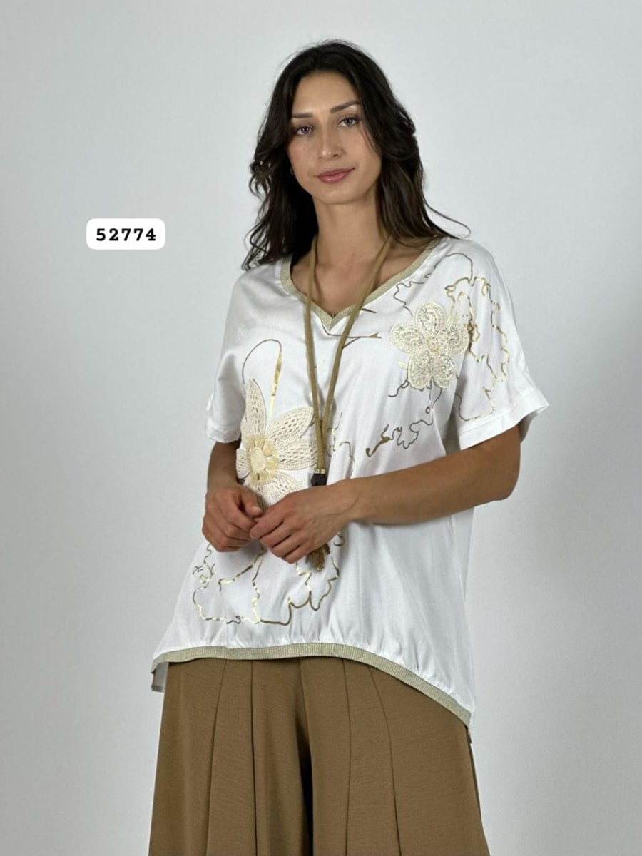 Polera Lino Flor Tejida Lineas Doradas A4-915