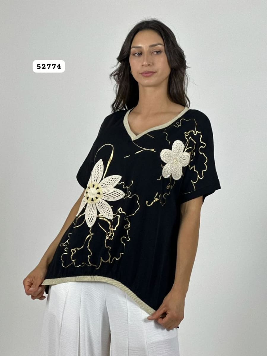 Polera Lino Flor Tejida Lineas Doradas A4-918