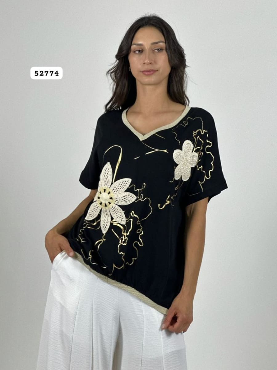 Polera Lino Flor Tejida Lineas Doradas A4-917