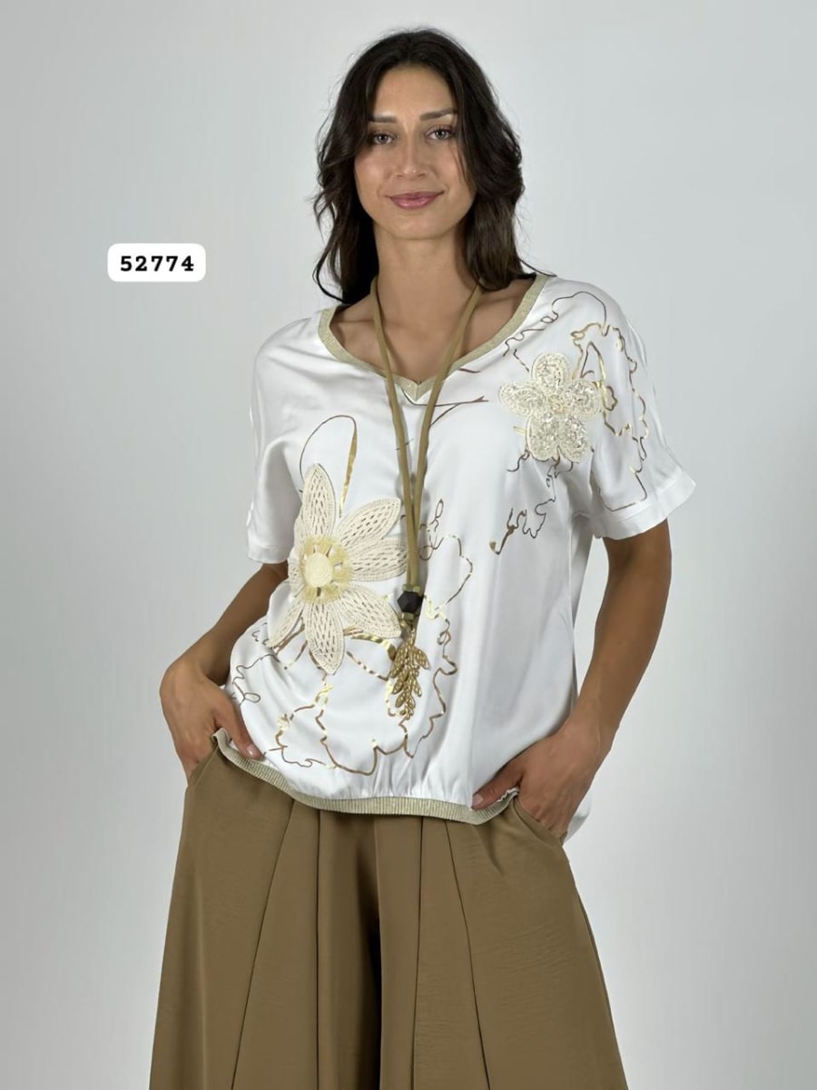 Polera Lino Flor Tejida Lineas Doradas A4-914