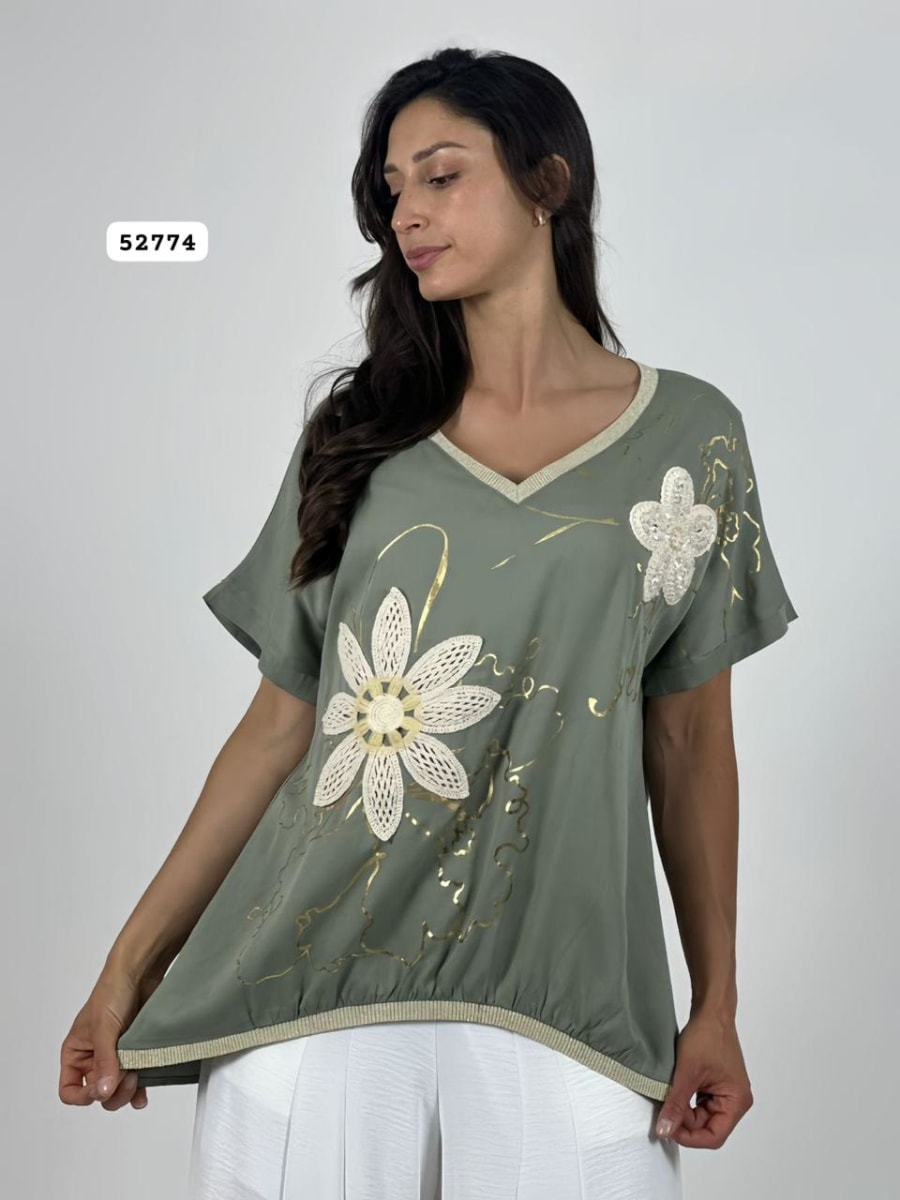 Polera Lino Flor Tejida Lineas Doradas A4-9111