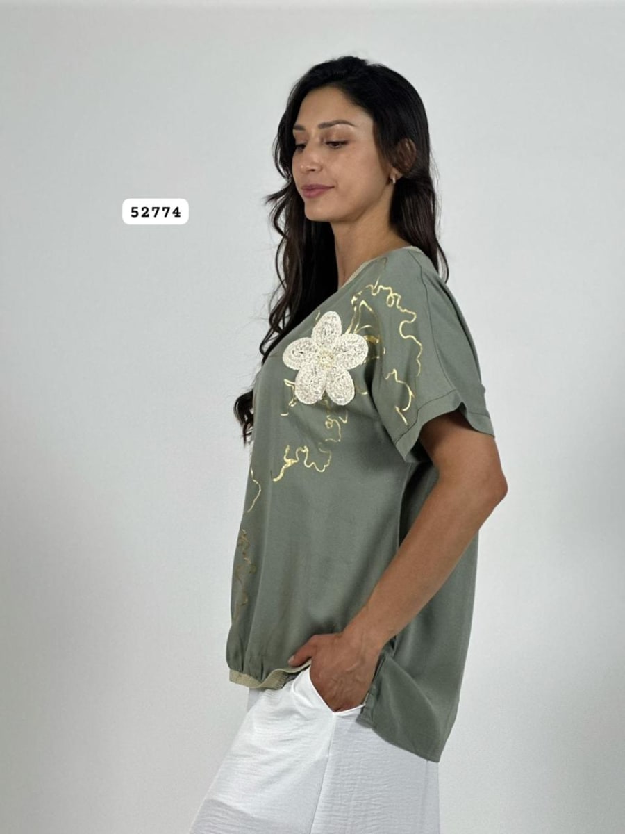 Polera Lino Flor Tejida Lineas Doradas A4-9112