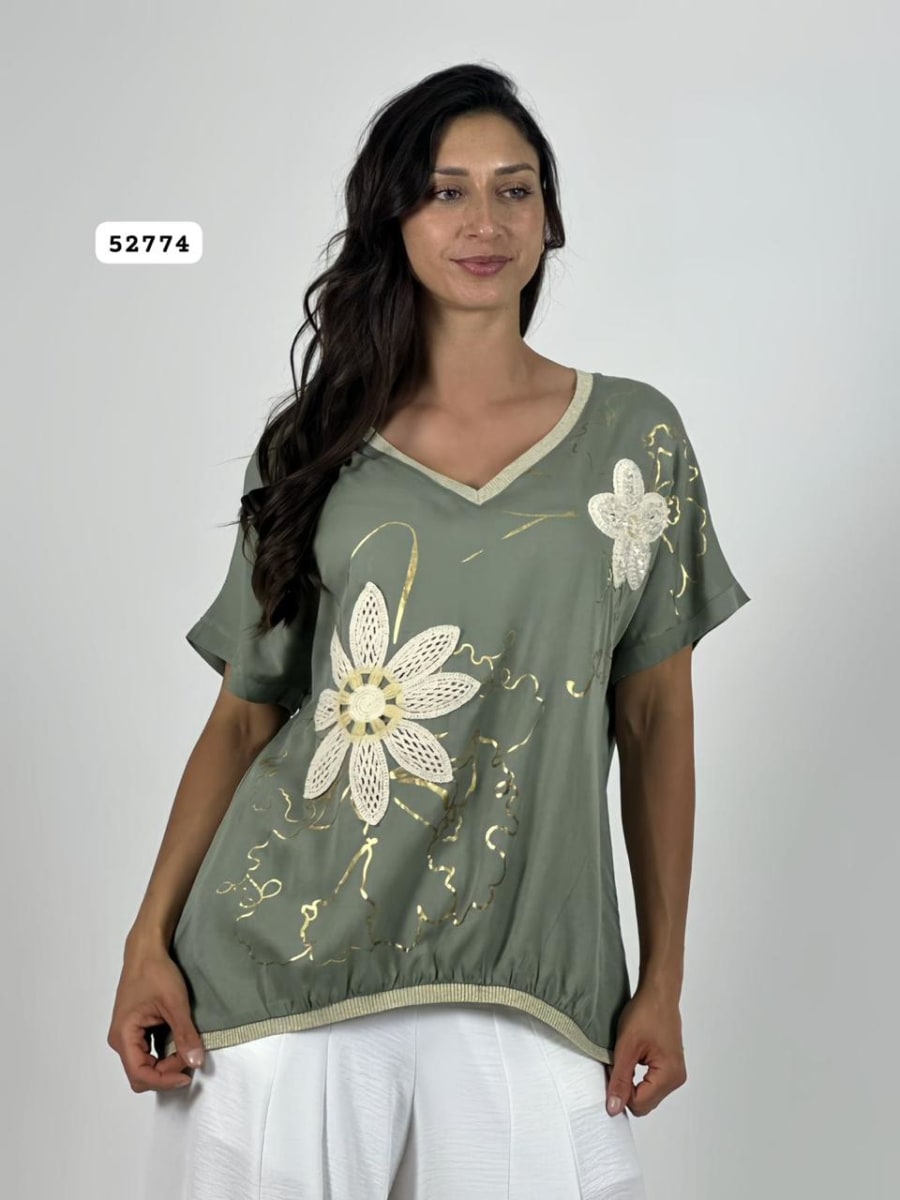 Polera Lino Flor Tejida Lineas Doradas A4-9110
