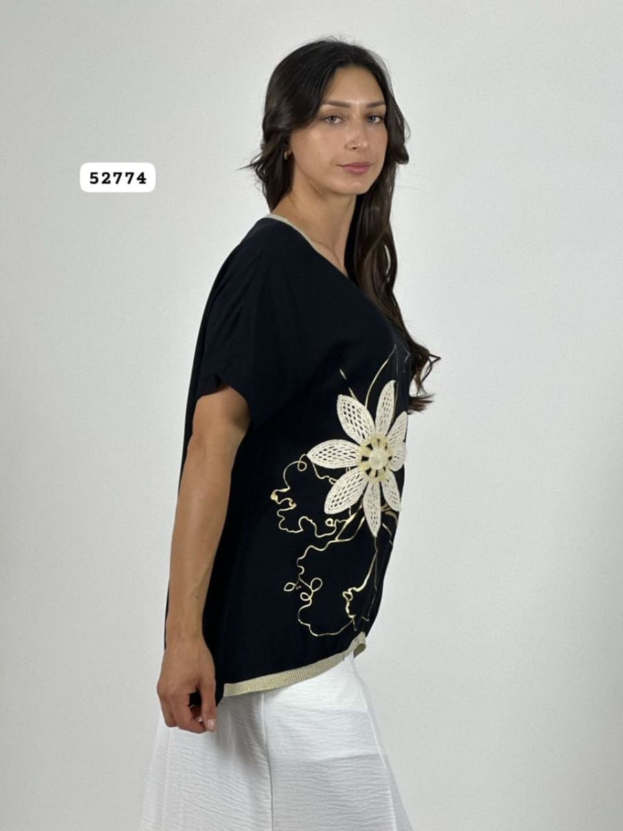 Polera Lino Flor Tejida Lineas Doradas A4-919