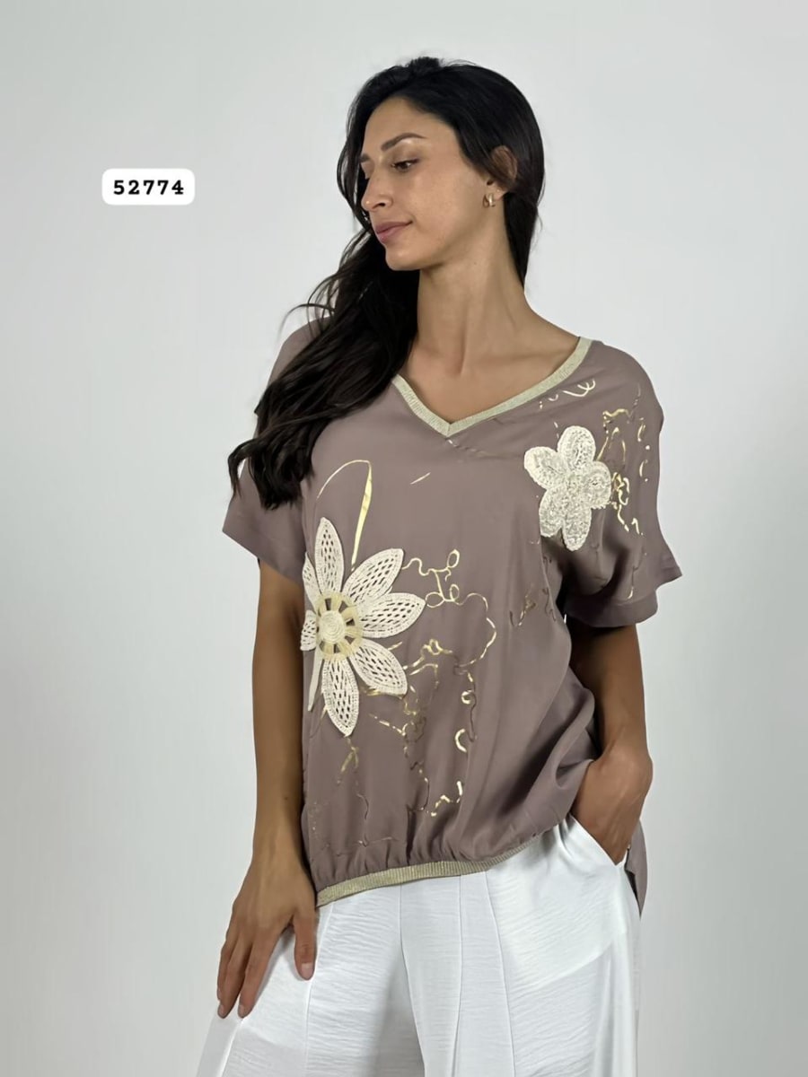 Polera Lino Flor Tejida Lineas Doradas A4-9114