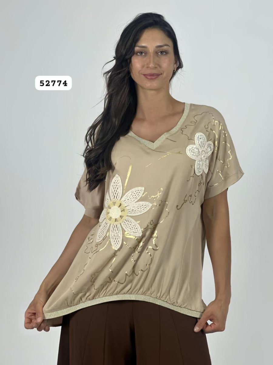Polera Lino Flor Tejida Lineas Doradas A4-912