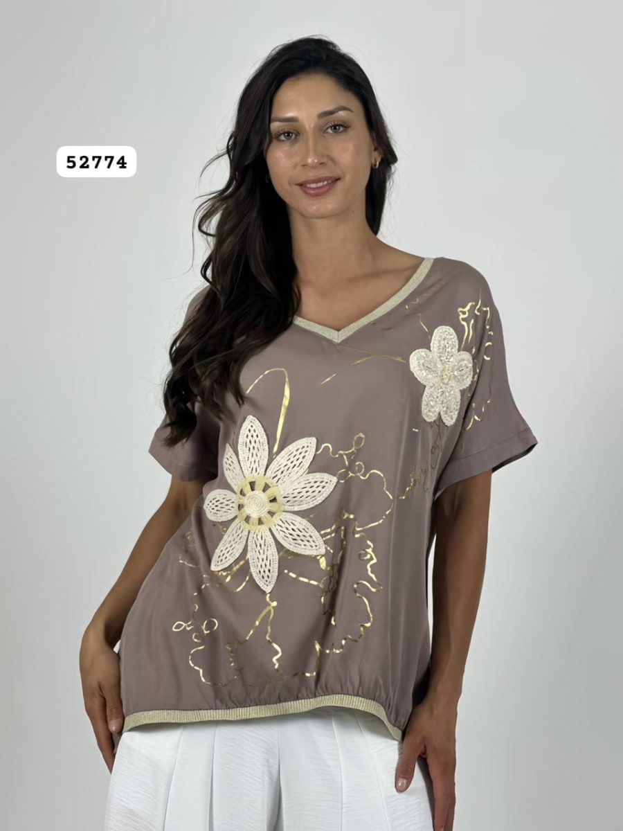 Polera Lino Flor Tejida Lineas Doradas A4-9113