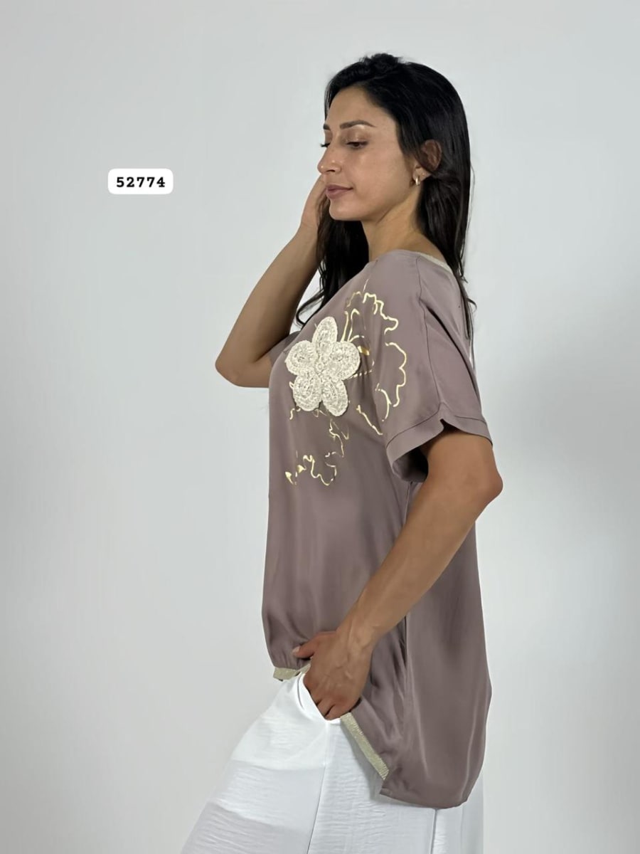 Polera Lino Flor Tejida Lineas Doradas A4-9115