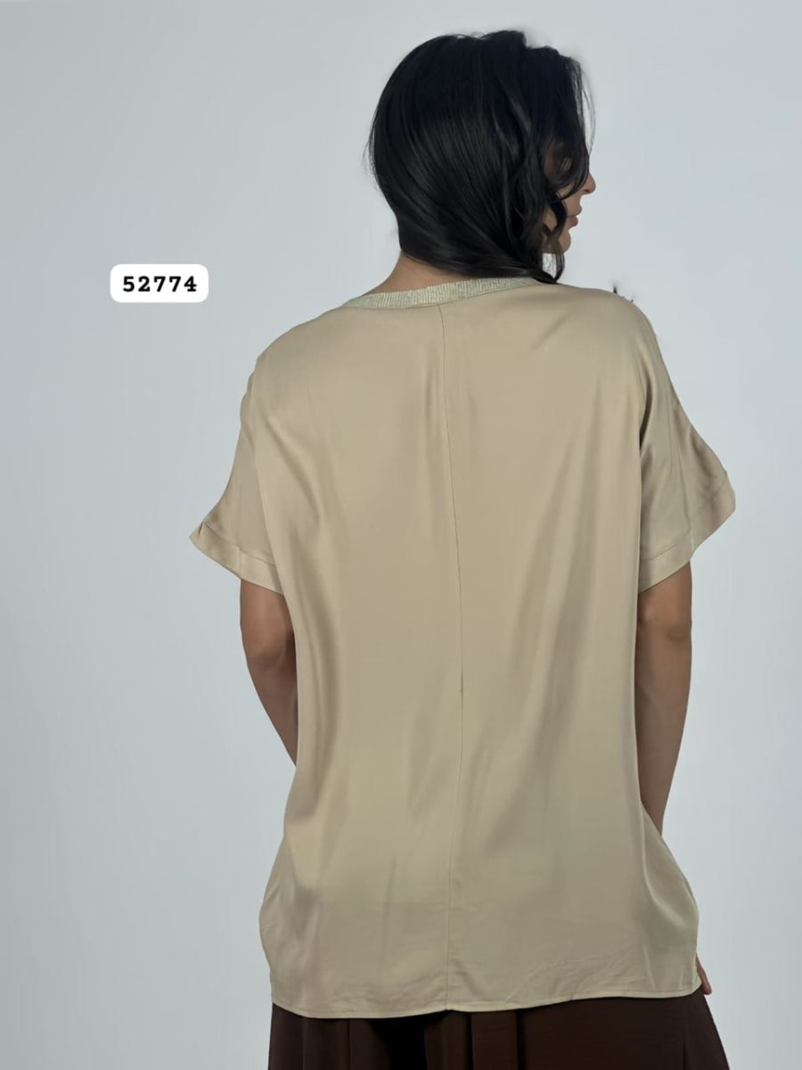 Polera Lino Flor Tejida Lineas Doradas A4-913