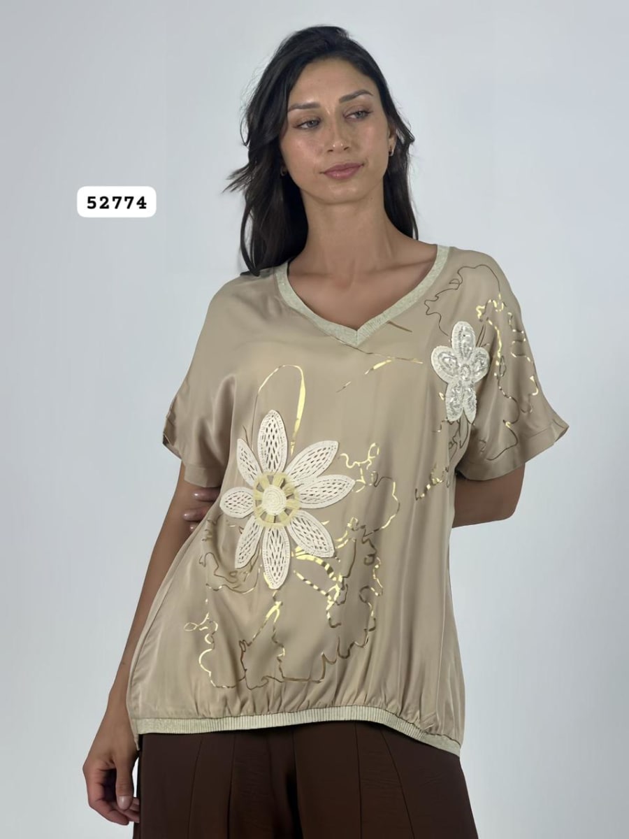 Polera Lino Flor Tejida Lineas Doradas A4-911
