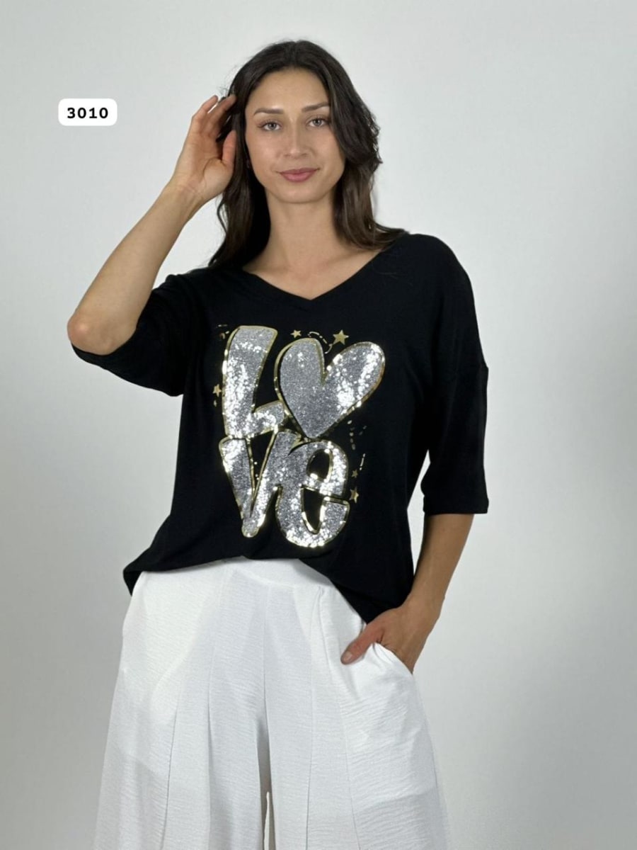 Polera Algodon LOVE Lentejuelas y Estrellas A4-894