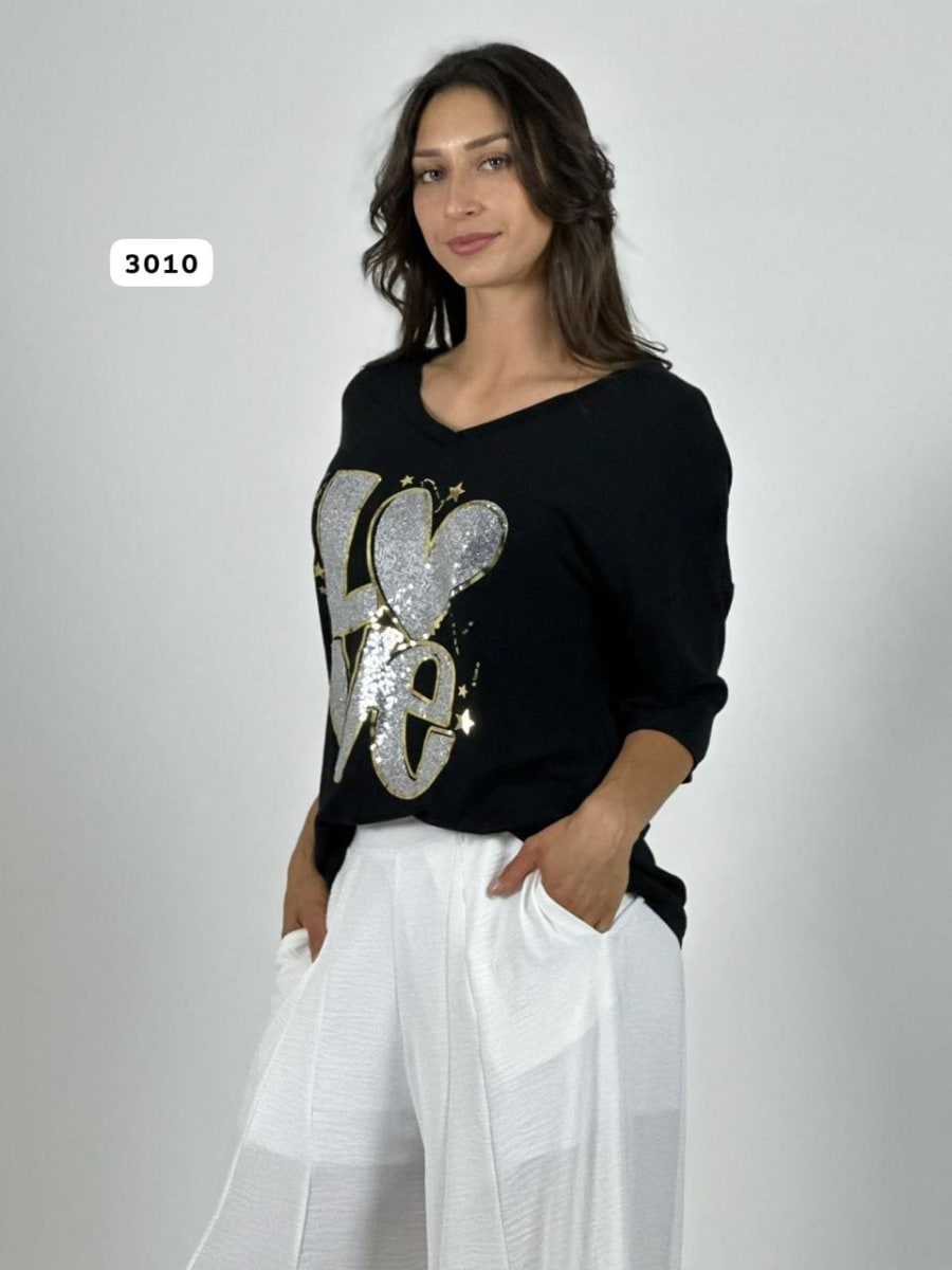 Polera Algodon LOVE Lentejuelas y Estrellas A4-896