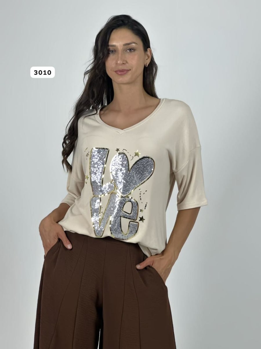 Polera Algodon LOVE Lentejuelas y Estrellas A4-897