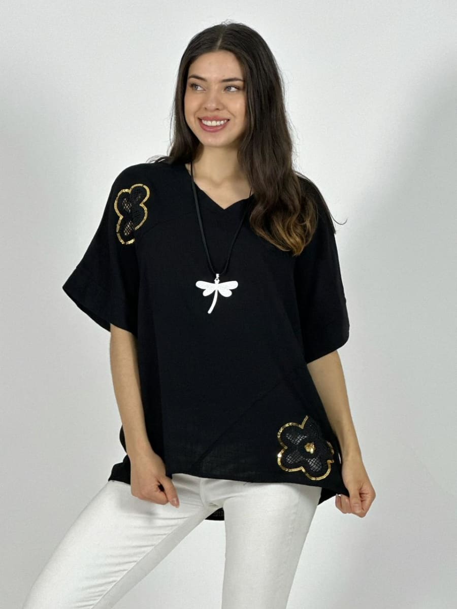 Polera Lino Flores Broderi con Brillos A1-31