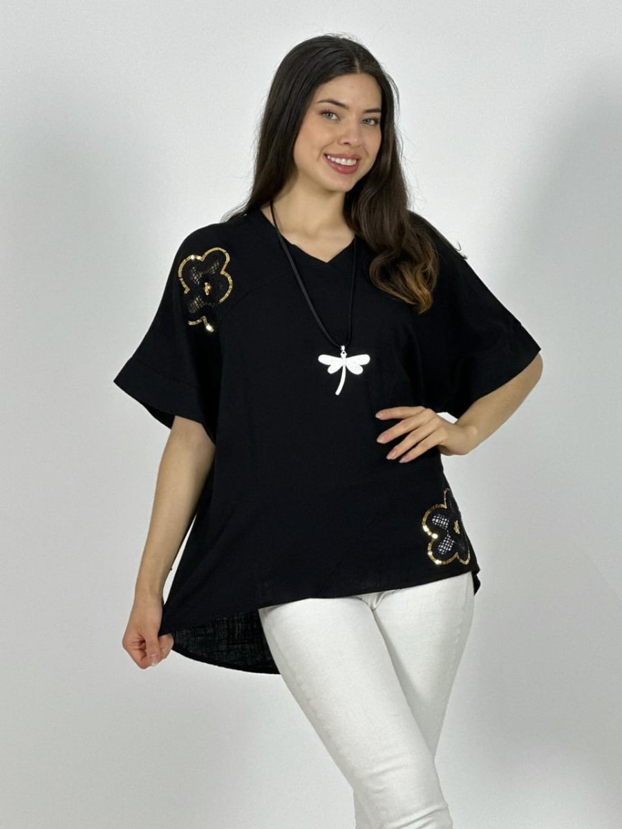 Polera Lino Flores Broderi con Brillos A1-32