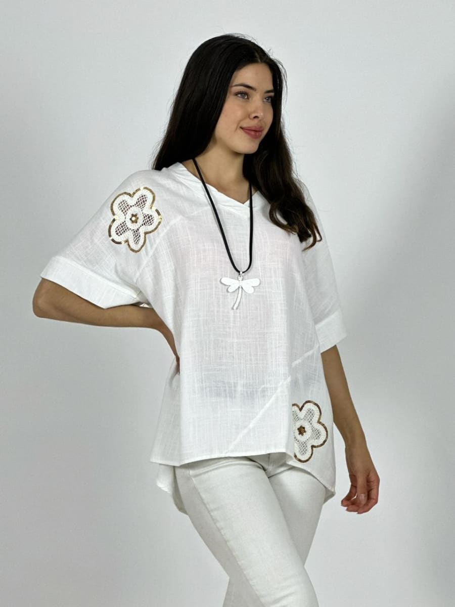 Polera Lino Flores Broderi con Brillos A1-35