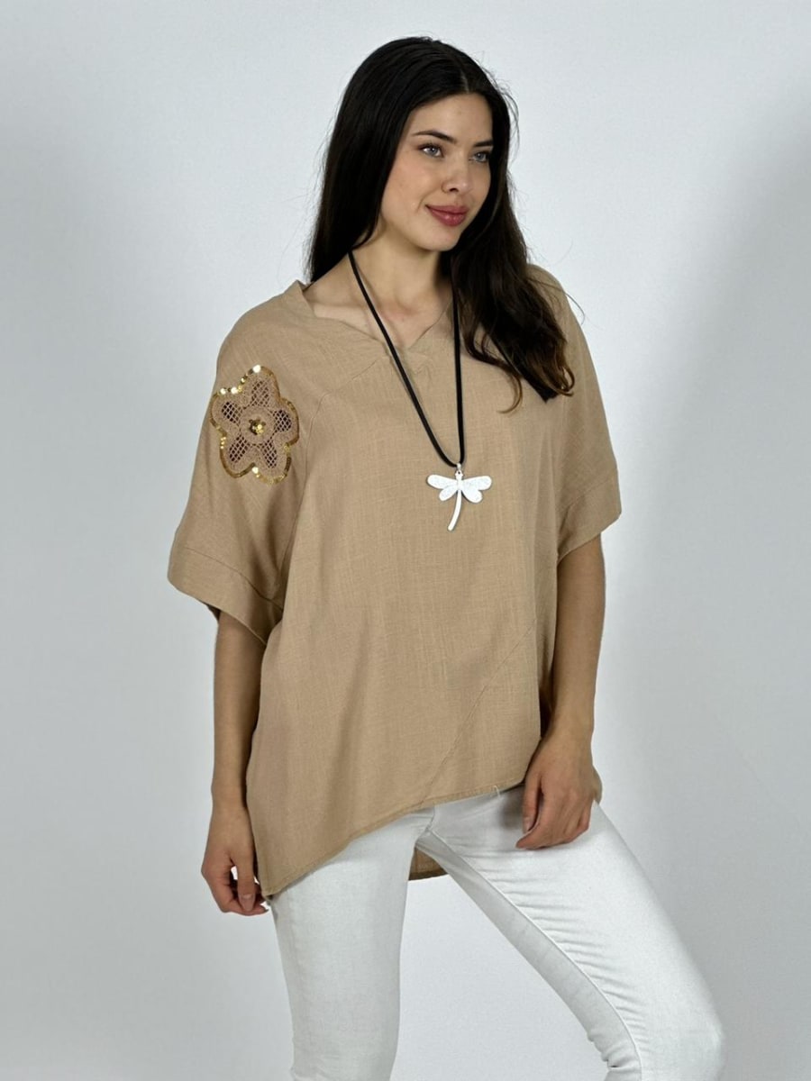 Polera Lino Flores Broderi con Brillos A1-37