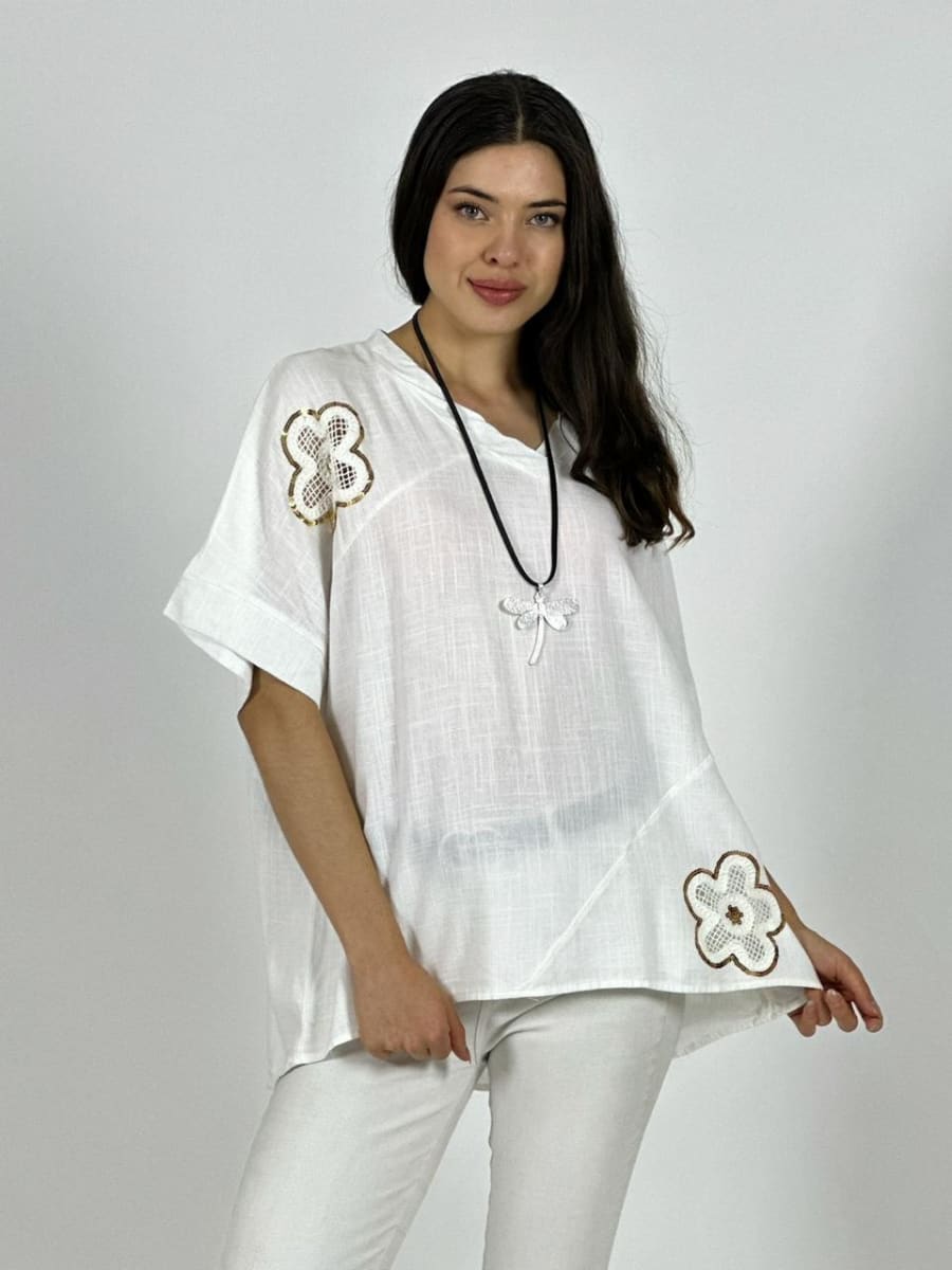 Polera Lino Flores Broderi con Brillos A1-34