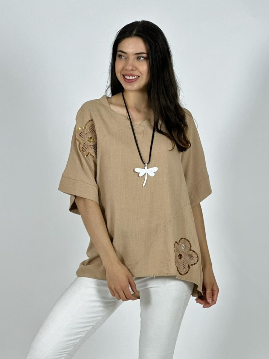 Polera Lino Flores Broderi con Brillos A1-38