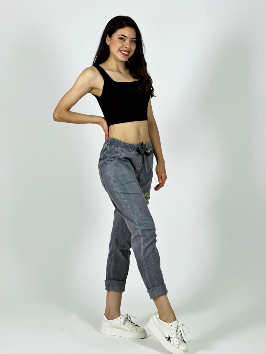 Jogger Italiano Mezclilla Elásticada Estrellas y Letras Brillantes A1-137