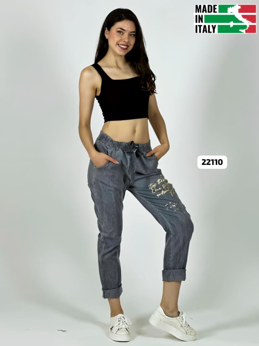 Jogger Italiano Mezclilla Elásticada Estrellas y Letras Brillantes A1-138