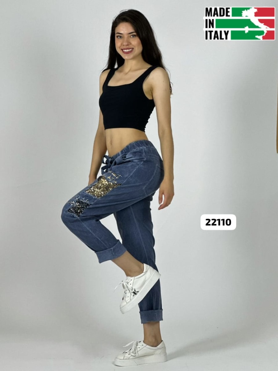 Jogger Italiano Mezclilla Elásticada Estrellas y Letras Brillantes A1-1317