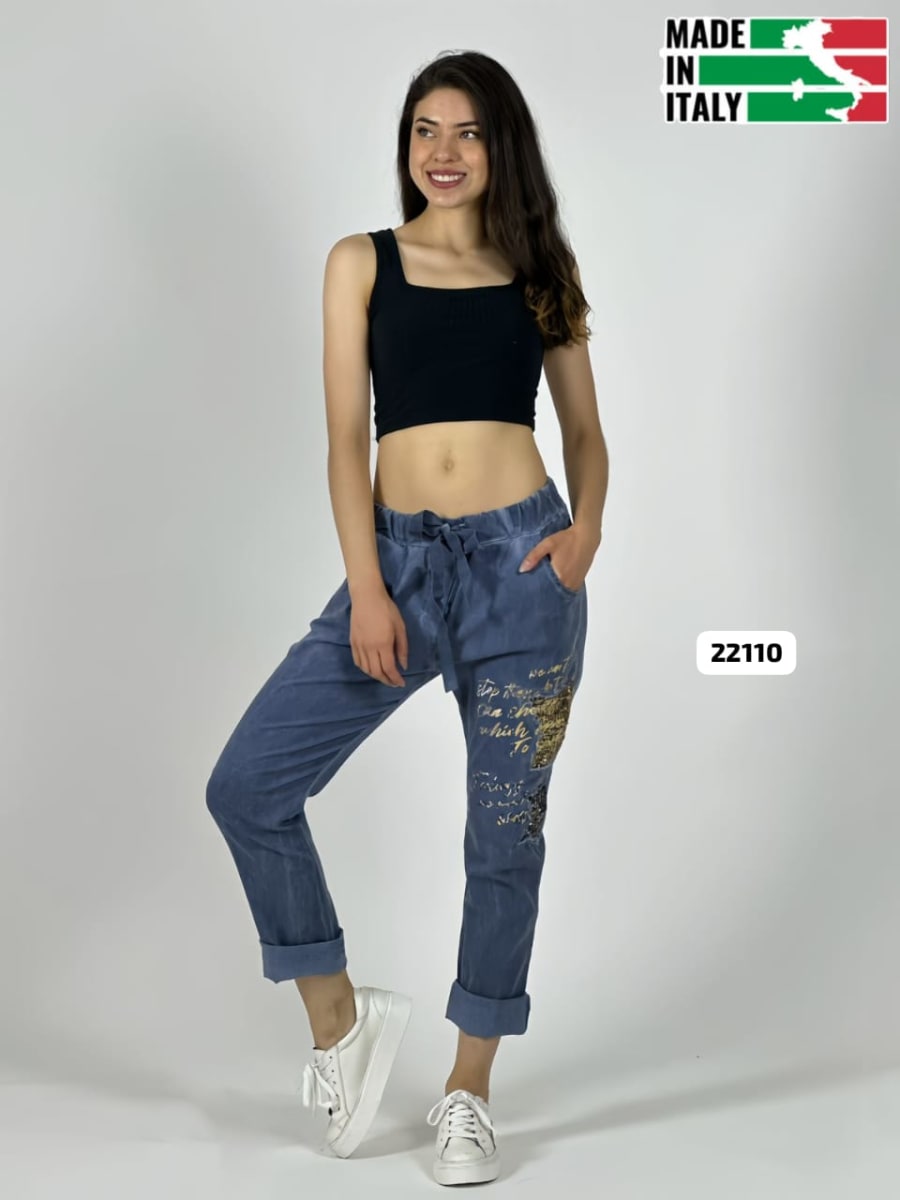 Jogger Italiano Mezclilla Elásticada Estrellas y Letras Brillantes A1-1314