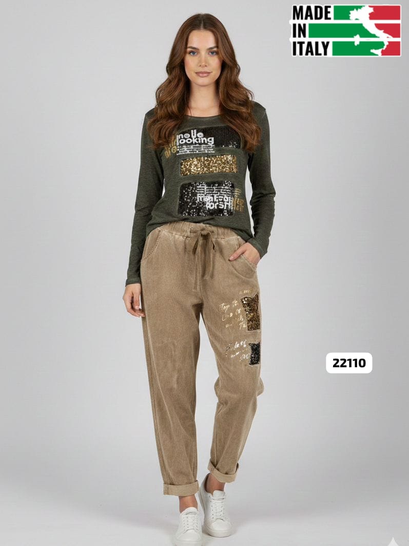 Jogger Italiano Mezclilla Elásticada Estrellas y Letras Brillantes A1-1319