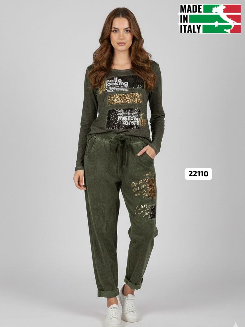 Jogger Italiano Mezclilla Elásticada Estrellas y Letras Brillantes A1-1320