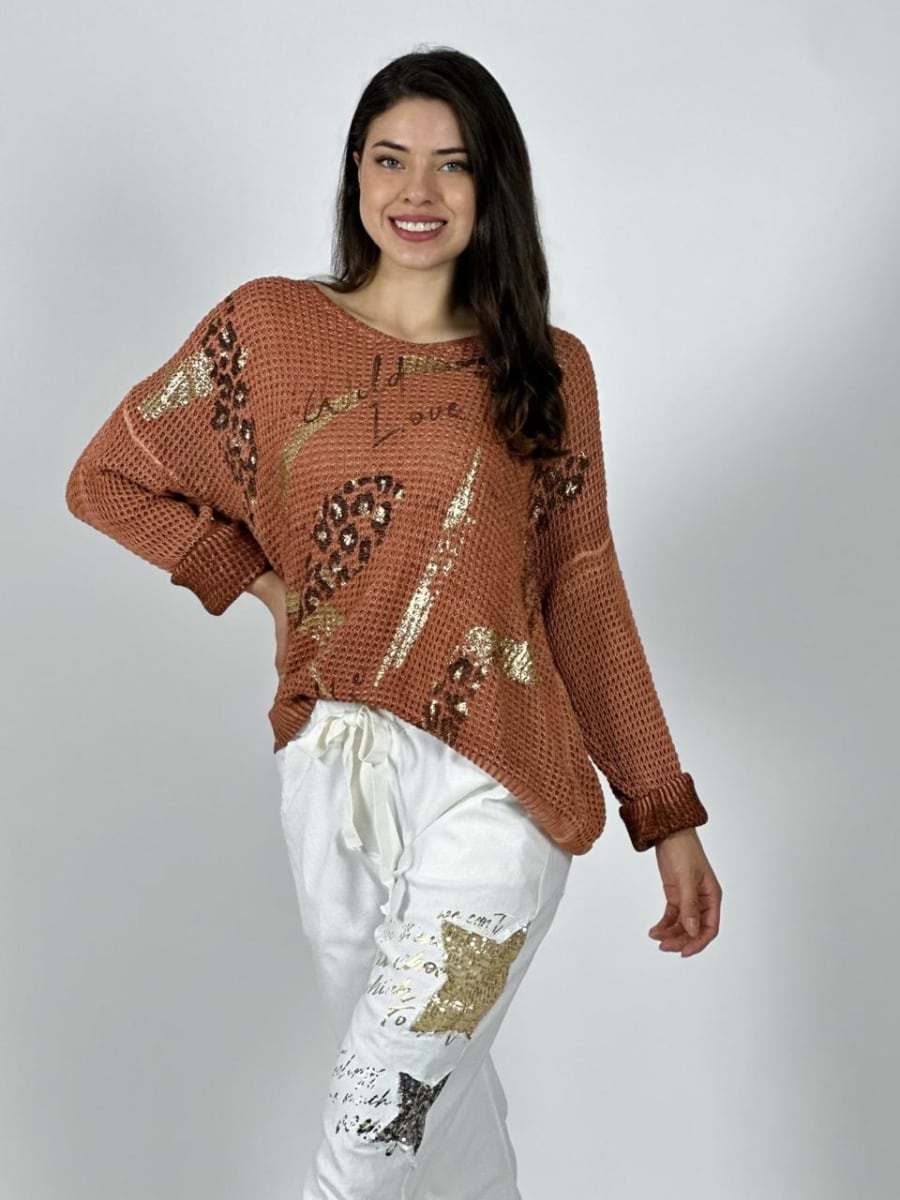 Tejido Italiano Flores Brillos y Letras A1-138