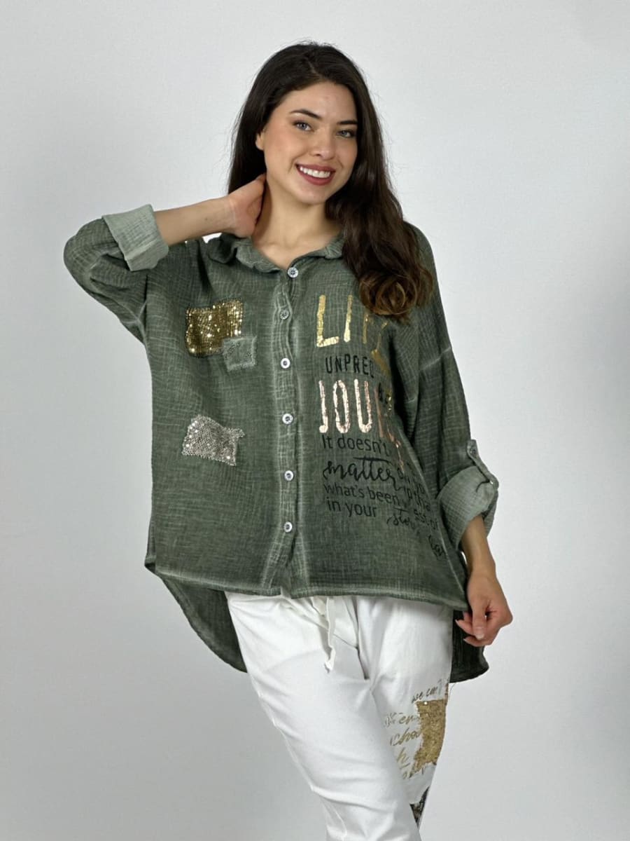 Camisa Italiana Cuadros Y Letras Brillantes LIFE A1-256