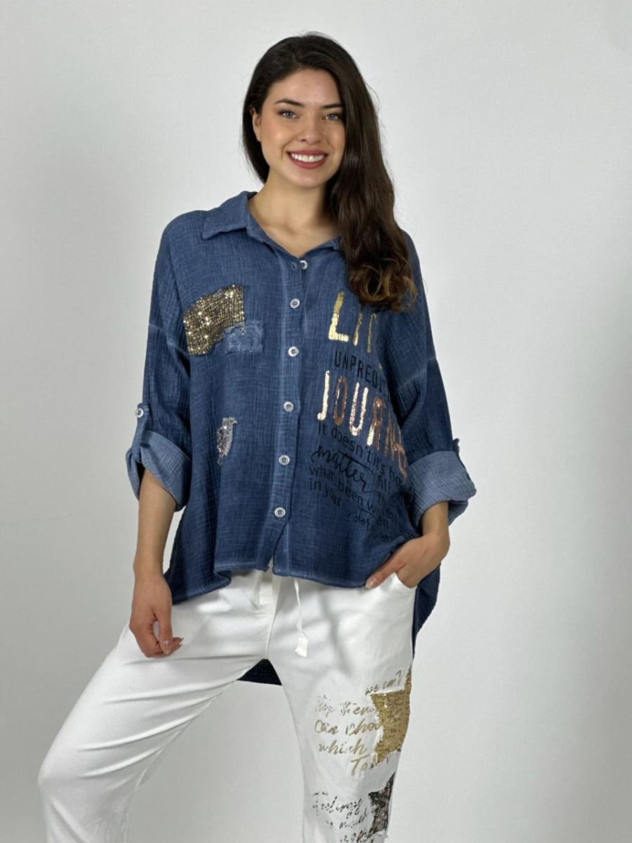 Camisa Italiana Cuadros Y Letras Brillantes LIFE A1-252