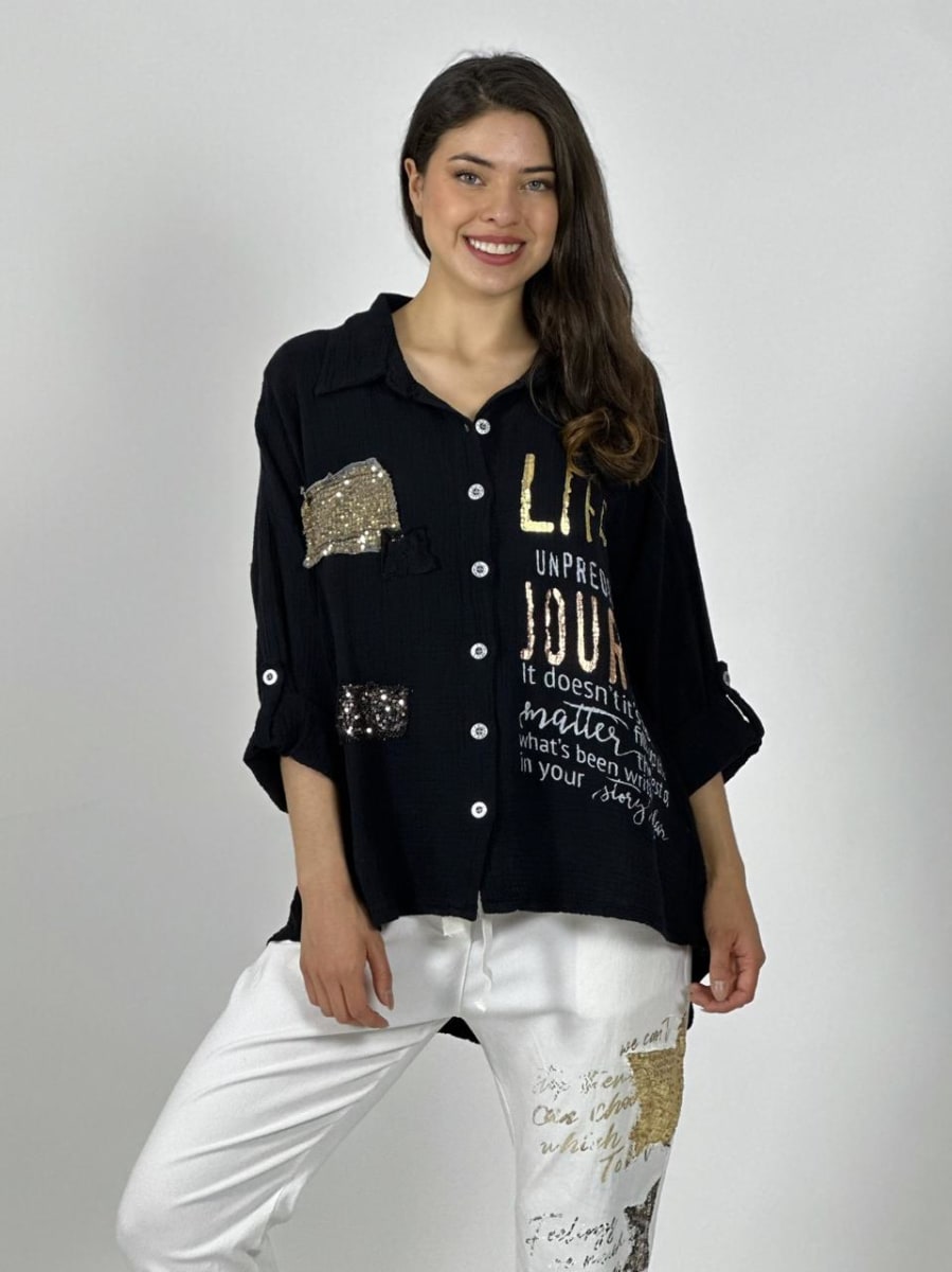 Camisa Italiana Cuadros Y Letras Brillantes LIFE A1-257