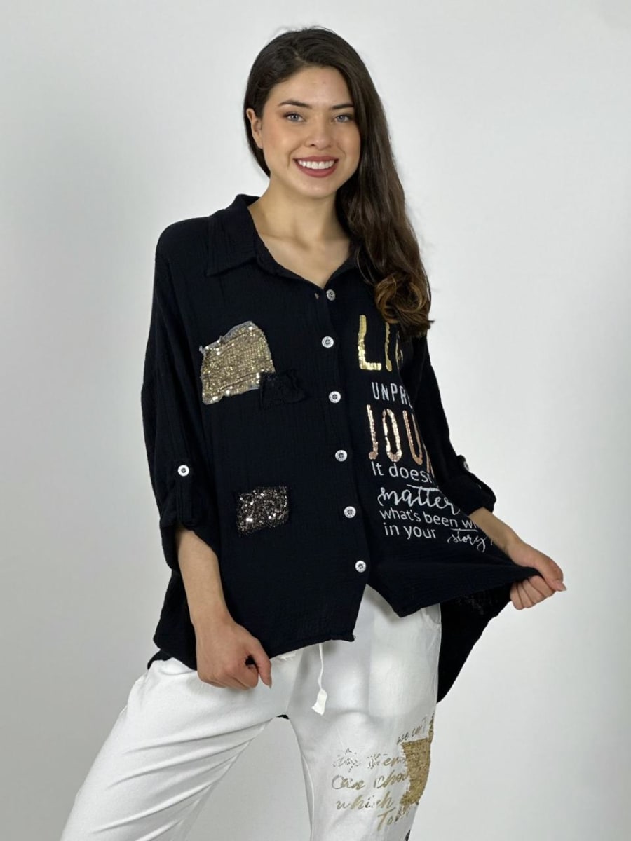Camisa Italiana Cuadros Y Letras Brillantes LIFE A1-258