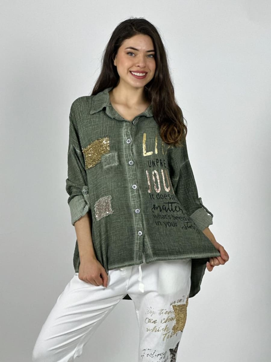 Camisa Italiana Cuadros Y Letras Brillantes LIFE A1-254