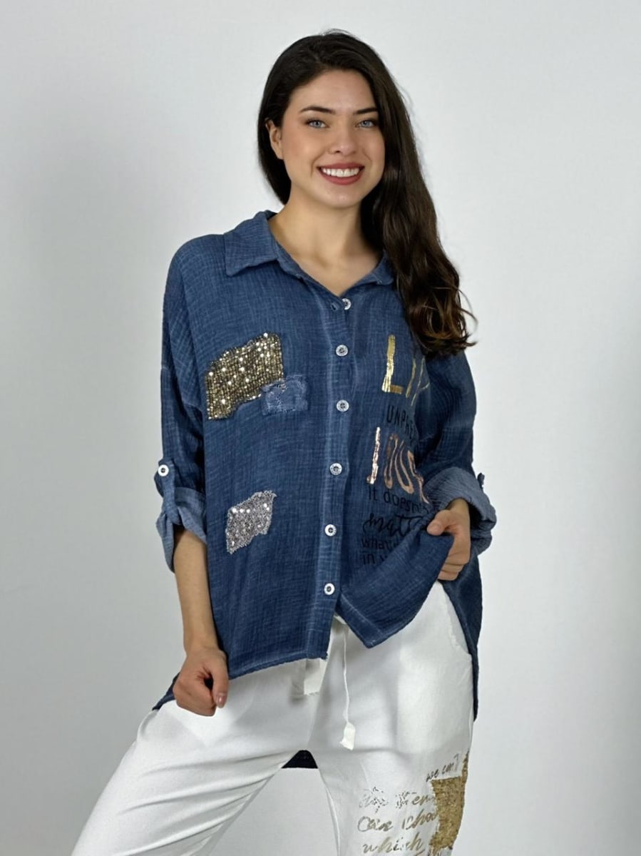 Camisa Italiana Cuadros Y Letras Brillantes LIFE A1-251