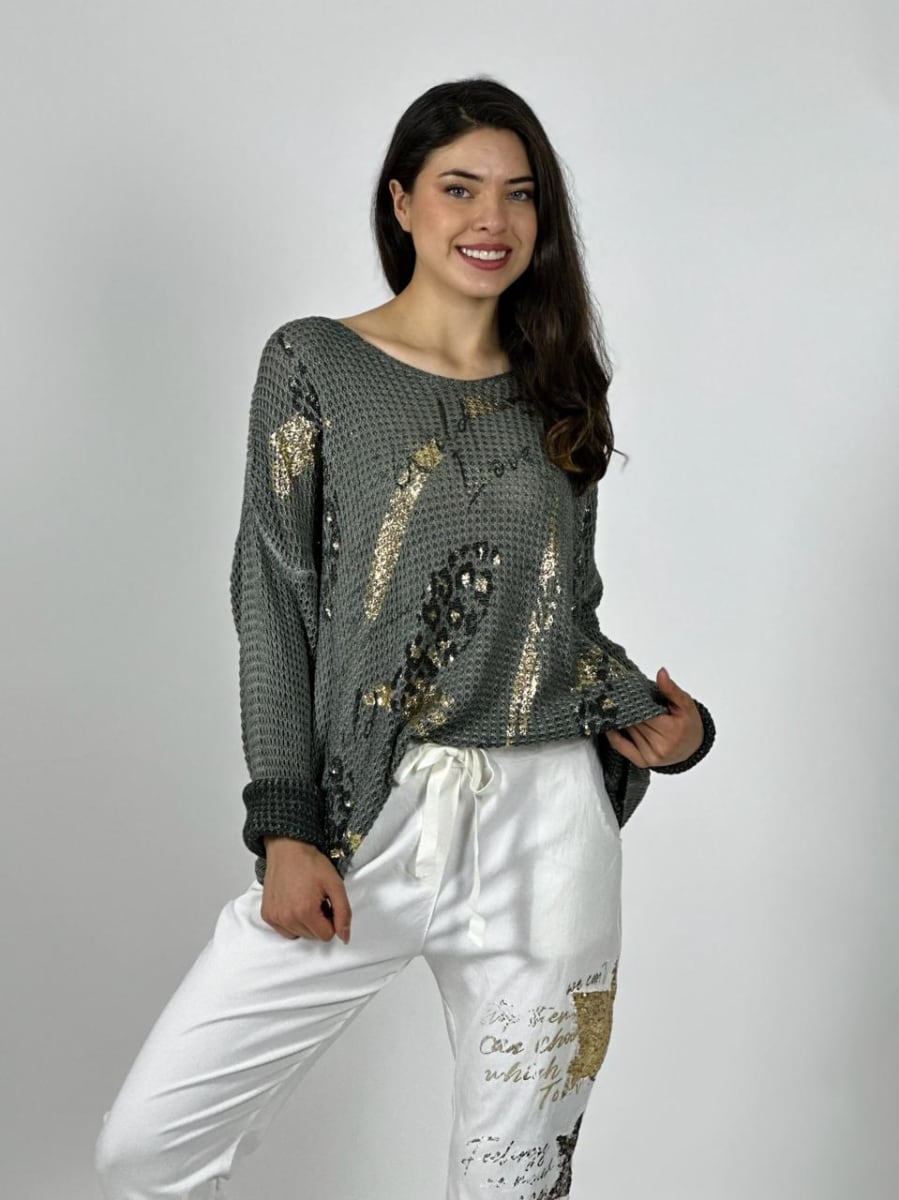 Tejido Italiano Flores Brillos y Letras A1-1311